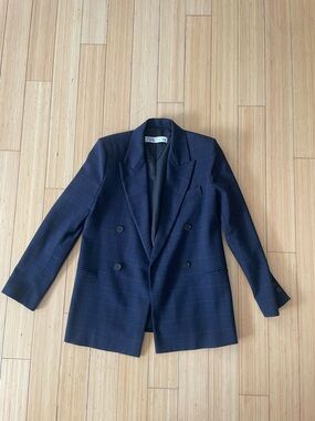 Zara Navy Windowpane Double-Breasted Sport Coat